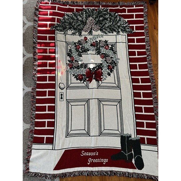 Vintage Chatham Woven Tapestry Throw Season's Greetings Cotton Blanket - Picture 5 of 7